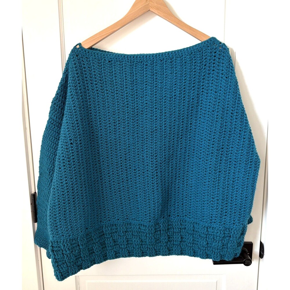Hand Made Teal Blue Women Sweater M Chunky Mixed Knit Over Sized Boxy Boat Neck